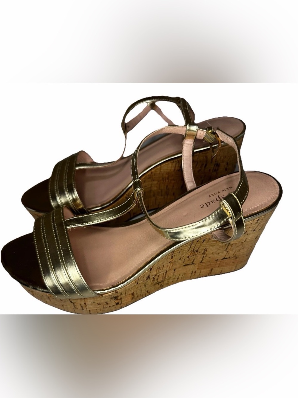 kate spade Gold Metallic and Pink Cork Wedge Sandals